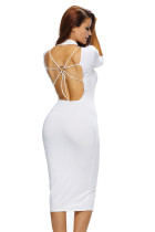 White Bodycon Mock Neck O-ring Accent Cut out Half Sleeve Midi Dress