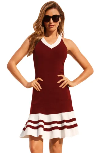 Burgundy White Cute Ruffle Hem Mini Dress