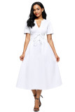 White Split Neck Short Sleeve Midi Dress with Bowknots