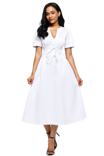 White Split Neck Short Sleeve Midi Dress with Bowknots
