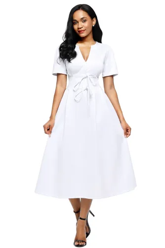 White Split Neck Short Sleeve Midi Dress with Bowknots