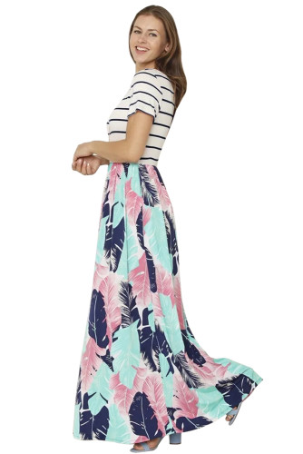 Striped Shirt Top Blue Pink Feather Print Maxi Dress