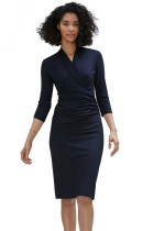 Navy Blue Long Sleeve Pleated Wrap Midi Dress