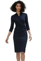 Navy Blue Long Sleeve Pleated Wrap Midi Dress