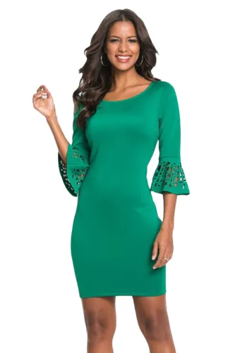 Green 3/4 Hollow-out Bell Sleeve Sheath Mini Dress