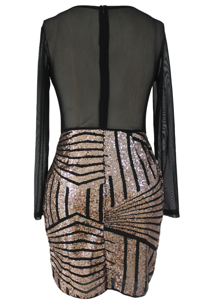 Long Sleeves Mesh Shadow Sequin Bottom Dress