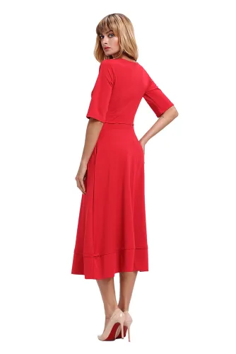 Red Half Sleeve V Neck High Waist Flared Dress