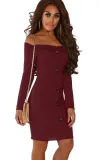 Burgundy Button Front Ribbed Bardot Mini Dress