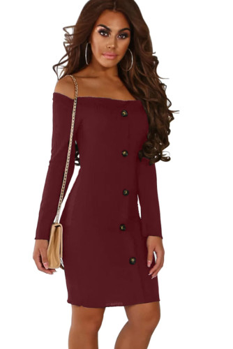 Burgundy Button Front Ribbed Bardot Mini Dress