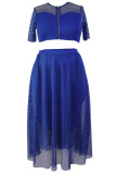 Blue Mesh Joint Plus Crop Top Skirt Set