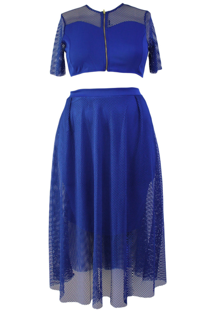 Blue Mesh Joint Plus Crop Top Skirt Set