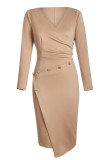 Asymmetric Button Detail Khaki Ruched Midi Dress