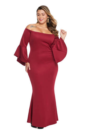 Red Plus Size Off Shoulder Flare Sleeve Maxi Dress