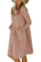 Red Pinstriped Casual Pocket Dress