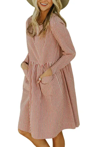 Red Pinstriped Casual Pocket Dress