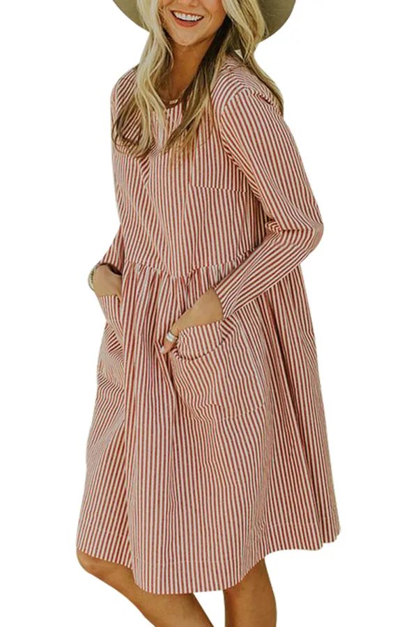 Red Pinstriped Casual Pocket Dress