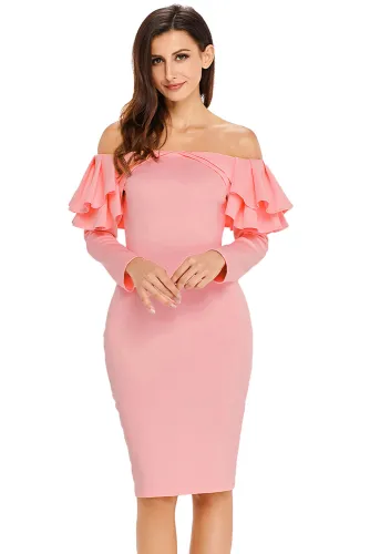 Pink Ruffle Off The Shoulder Long Sleeve Bodycon Dress