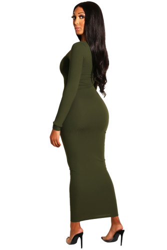 Green Long Sleeve Snap Button Ribbed Dress