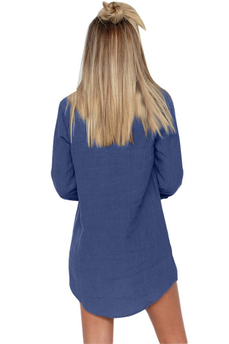 Navy Blue Button Neck Long Sleeve Shirt Dress