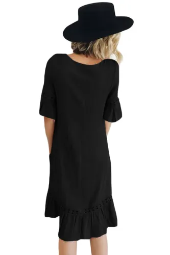 Black Half Sleeves Wide Ruffle Hem Midi Dress