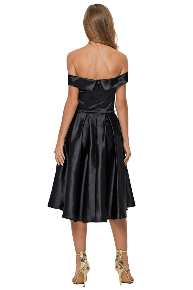 Black Off Shoulder Pleated Satin Homecoming Dress