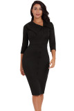Black 3/4 Sleeve Button Detail Bodycon Midi Dress