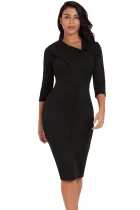 Black 3/4 Sleeve Button Detail Bodycon Midi Dress