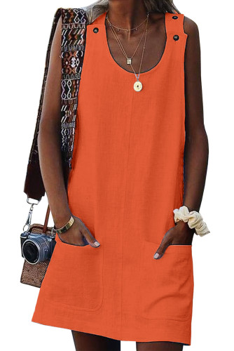 Orange Buttoned Pockets Sleeveless Dress
