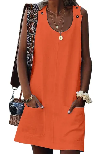 Orange Buttoned Pockets Sleeveless Dress