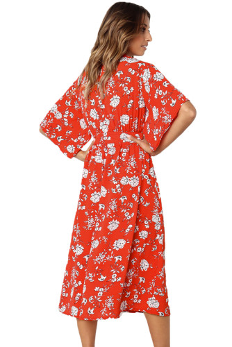 Red Boho Floral Knot Front Kimono Dress