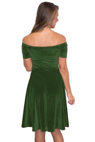 Green Velvet Off Shoulder Pleated Skater Dress