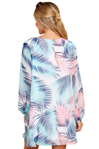 Colorful Coconut Leaf Print V Neck Chiffon Dress