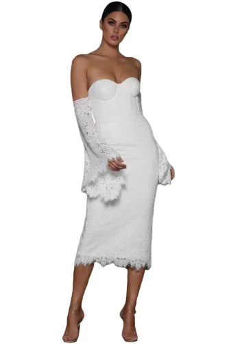 White Embroidered Lace Bell Sleeve Midi Dress