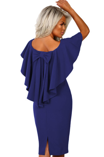 Royal Blue Bow Poncho Overlay Bardot Midi Dress