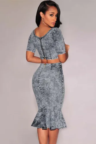 Acid Wash Denim Mermaid Skirt Set