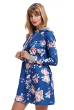 Slate Blue Floral Print Drawstring Hoodie Dress