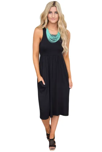 Solid Racerback Midi Jersey Dress in Black