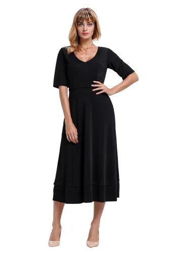 Black Half Sleeve V Neck High Waist Flared Dress