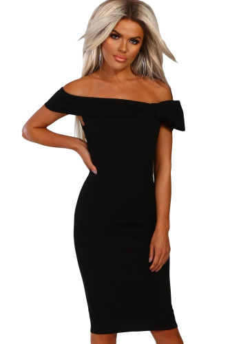 Black Bow Detail Bardot Bodycon Midi Dress