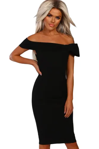 Black Bow Detail Bardot Bodycon Midi Dress
