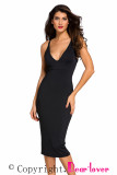 Black Double Straps Cross Back V Neck Calf Length Dress