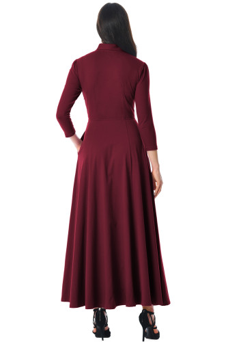 Burgundy Pocketed 3/4 Sleeves Tie Neck Maxi Dress