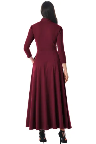 Burgundy Pocketed 3/4 Sleeves Tie Neck Maxi Dress