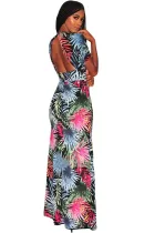 Blue Palm Print V Neck Slit Maxi Boho Dress
