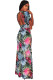 Blue Palm Print V Neck Slit Maxi Boho Dress