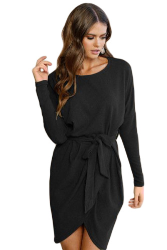 Black Casual Tie Waist Long Sleeve Mini Dress