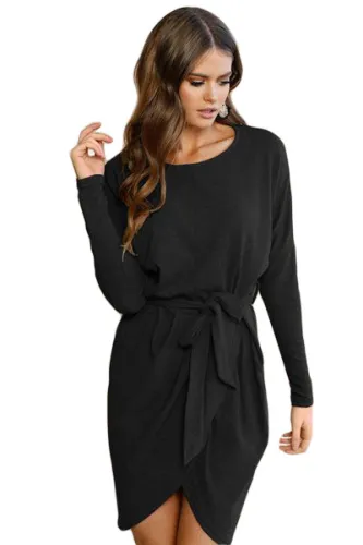 Black Casual Tie Waist Long Sleeve Mini Dress