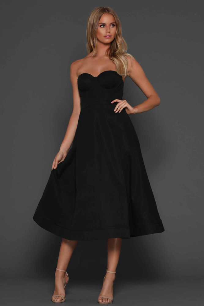 Black Sexy Cupped Strapless Midi Dress