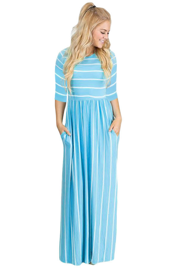 Blue White Striped Casual Pocket Style Maxi Dress