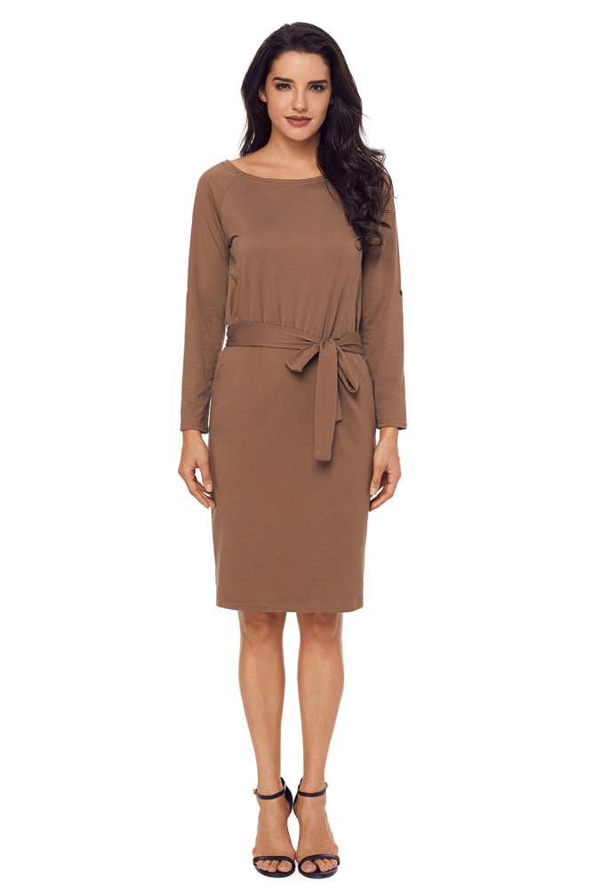 Olive Roll-tab Long Sleeve Tie Waist Midi Dress